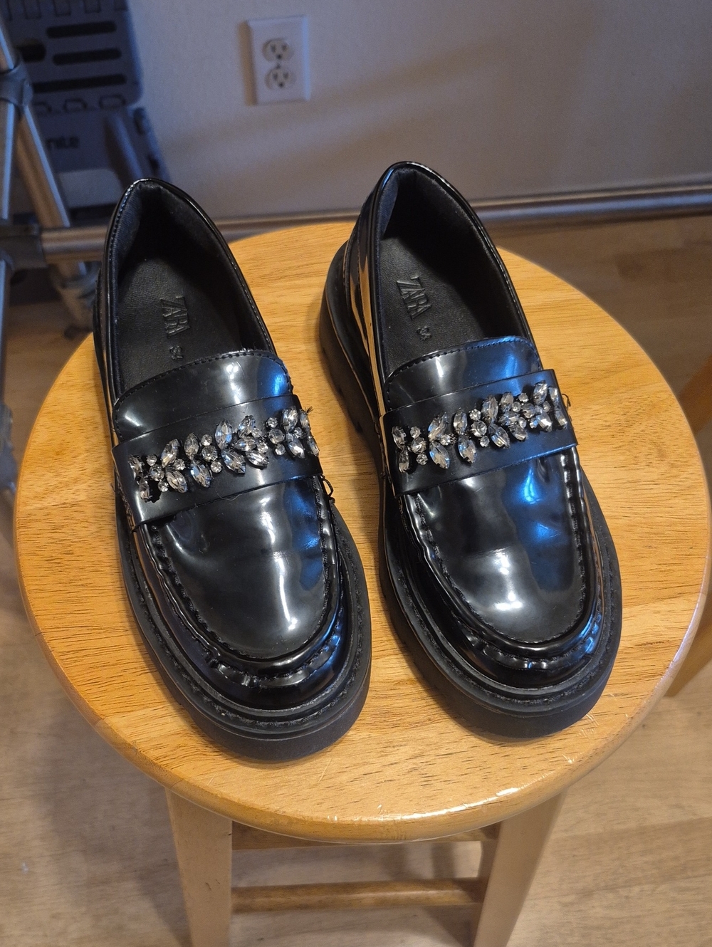 Zara Black Chuncky Platform Loafers Faux Leather & Rhinestones